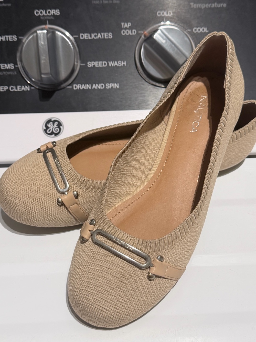 Nautica Tan Knit Slip-On Ballet Flats with Metal Accent